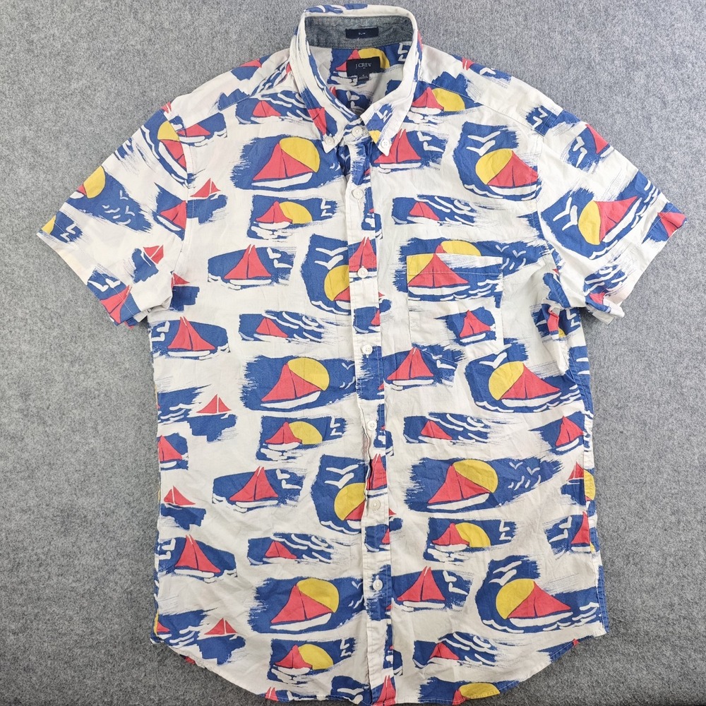 J Crew Shirt Mens Medium White Blue Sail Boats Geometric Short Sleeve Button